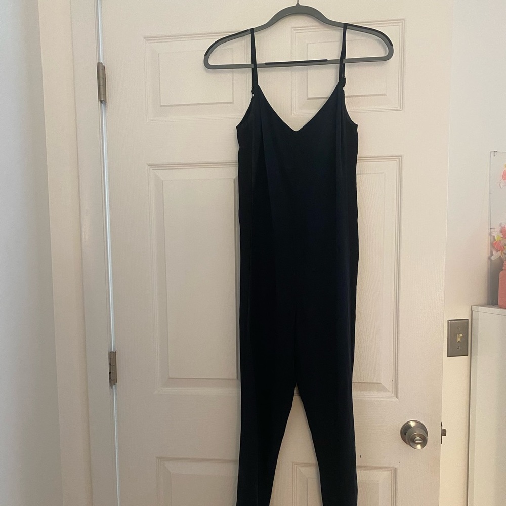 Rag & bone silk jumpsuit navy with black tuxedo stripe